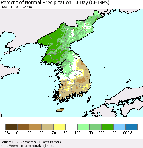 Korea Percent of Normal Precipitation 10-Day (CHIRPS) Thematic Map For 11/11/2022 - 11/20/2022