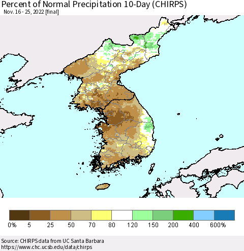 Korea Percent of Normal Precipitation 10-Day (CHIRPS) Thematic Map For 11/16/2022 - 11/25/2022