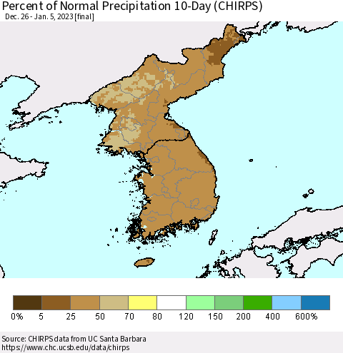 Korea Percent of Normal Precipitation 10-Day (CHIRPS) Thematic Map For 12/26/2022 - 1/5/2023