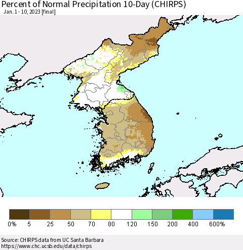 Korea Percent of Normal Precipitation 10-Day (CHIRPS) Thematic Map For 1/1/2023 - 1/10/2023