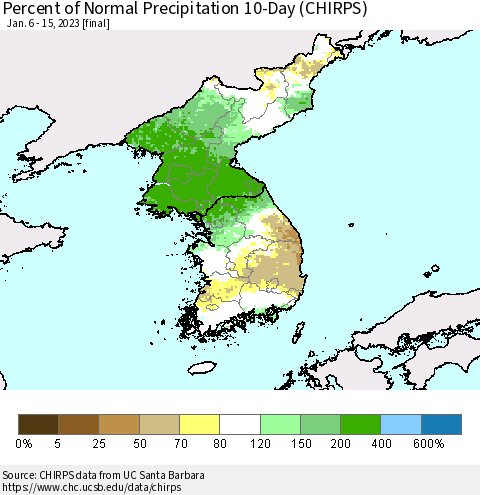 Korea Percent of Normal Precipitation 10-Day (CHIRPS) Thematic Map For 1/6/2023 - 1/15/2023