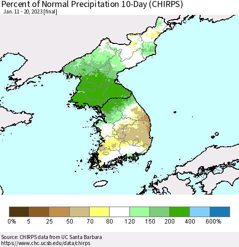 Korea Percent of Normal Precipitation 10-Day (CHIRPS) Thematic Map For 1/11/2023 - 1/20/2023