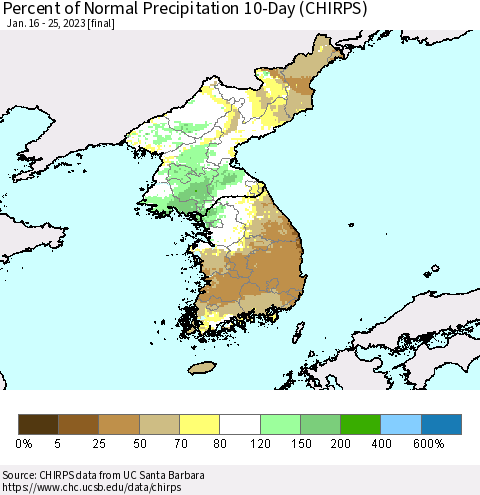 Korea Percent of Normal Precipitation 10-Day (CHIRPS) Thematic Map For 1/16/2023 - 1/25/2023