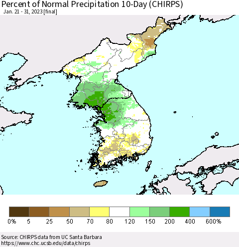 Korea Percent of Normal Precipitation 10-Day (CHIRPS) Thematic Map For 1/21/2023 - 1/31/2023