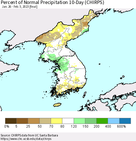 Korea Percent of Normal Precipitation 10-Day (CHIRPS) Thematic Map For 1/26/2023 - 2/5/2023