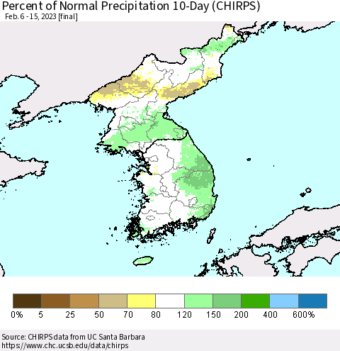 Korea Percent of Normal Precipitation 10-Day (CHIRPS) Thematic Map For 2/6/2023 - 2/15/2023