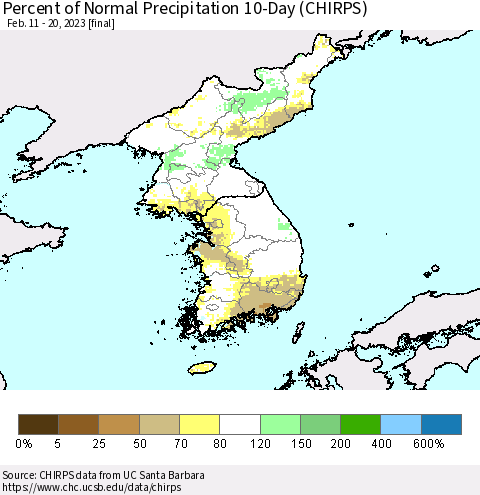 Korea Percent of Normal Precipitation 10-Day (CHIRPS) Thematic Map For 2/11/2023 - 2/20/2023