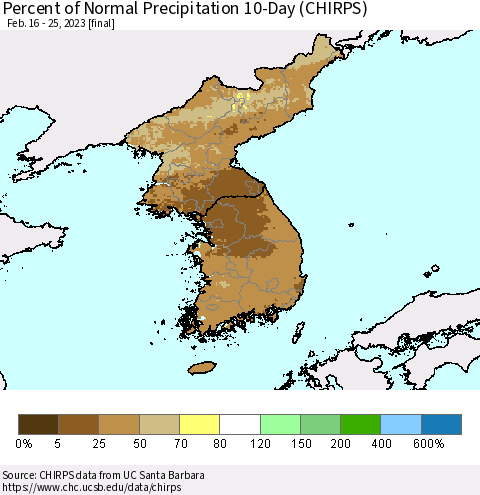Korea Percent of Normal Precipitation 10-Day (CHIRPS) Thematic Map For 2/16/2023 - 2/25/2023