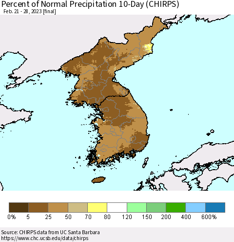 Korea Percent of Normal Precipitation 10-Day (CHIRPS) Thematic Map For 2/21/2023 - 2/28/2023