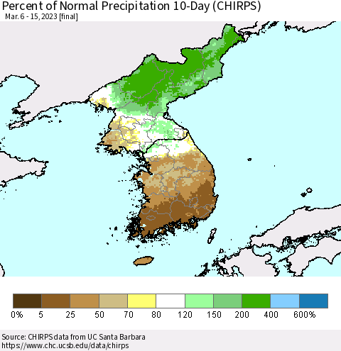 Korea Percent of Normal Precipitation 10-Day (CHIRPS) Thematic Map For 3/6/2023 - 3/15/2023