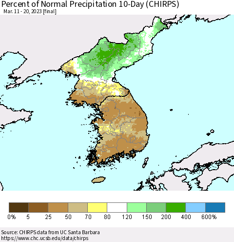 Korea Percent of Normal Precipitation 10-Day (CHIRPS) Thematic Map For 3/11/2023 - 3/20/2023