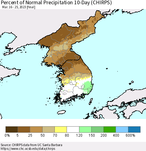 Korea Percent of Normal Precipitation 10-Day (CHIRPS) Thematic Map For 3/16/2023 - 3/25/2023