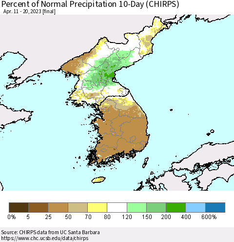 Korea Percent of Normal Precipitation 10-Day (CHIRPS) Thematic Map For 4/11/2023 - 4/20/2023