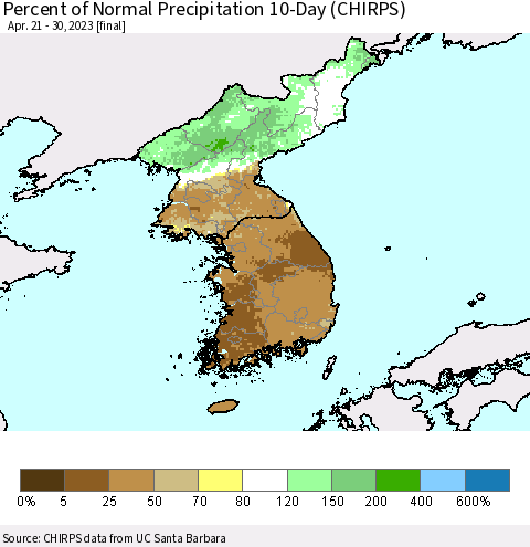 Korea Percent of Normal Precipitation 10-Day (CHIRPS) Thematic Map For 4/21/2023 - 4/30/2023