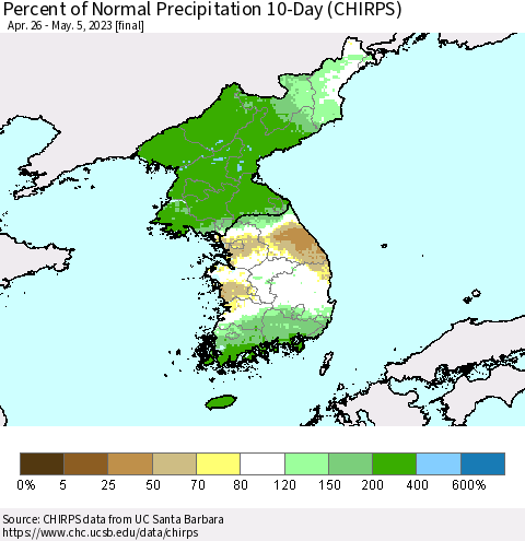 Korea Percent of Normal Precipitation 10-Day (CHIRPS) Thematic Map For 4/26/2023 - 5/5/2023