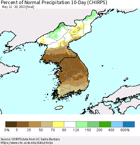 Korea Percent of Normal Precipitation 10-Day (CHIRPS) Thematic Map For 5/11/2023 - 5/20/2023