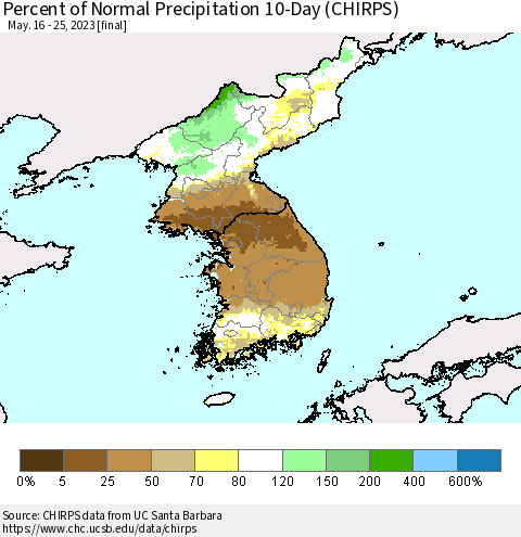 Korea Percent of Normal Precipitation 10-Day (CHIRPS) Thematic Map For 5/16/2023 - 5/25/2023