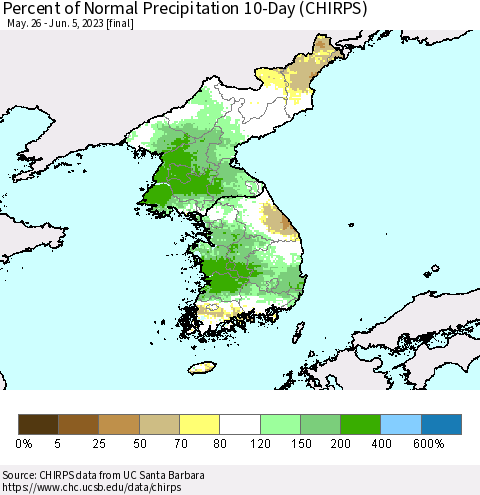 Korea Percent of Normal Precipitation 10-Day (CHIRPS) Thematic Map For 5/26/2023 - 6/5/2023