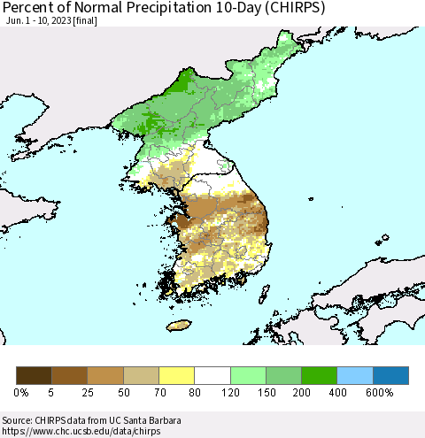 Korea Percent of Normal Precipitation 10-Day (CHIRPS) Thematic Map For 6/1/2023 - 6/10/2023