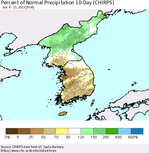 Korea Percent of Normal Precipitation 10-Day (CHIRPS) Thematic Map For 6/6/2023 - 6/15/2023