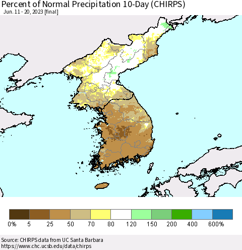 Korea Percent of Normal Precipitation 10-Day (CHIRPS) Thematic Map For 6/11/2023 - 6/20/2023