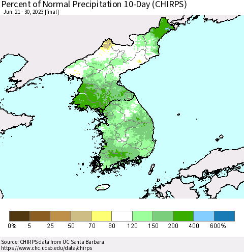 Korea Percent of Normal Precipitation 10-Day (CHIRPS) Thematic Map For 6/21/2023 - 6/30/2023