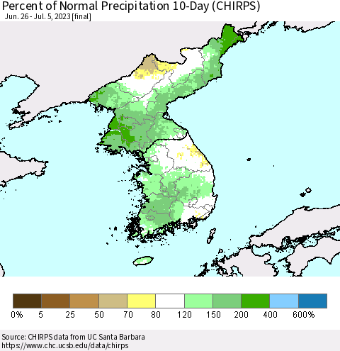 Korea Percent of Normal Precipitation 10-Day (CHIRPS) Thematic Map For 6/26/2023 - 7/5/2023