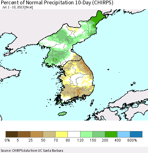 Korea Percent of Normal Precipitation 10-Day (CHIRPS) Thematic Map For 7/1/2023 - 7/10/2023