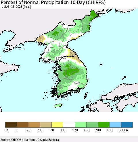 Korea Percent of Normal Precipitation 10-Day (CHIRPS) Thematic Map For 7/6/2023 - 7/15/2023