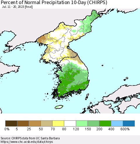 Korea Percent of Normal Precipitation 10-Day (CHIRPS) Thematic Map For 7/11/2023 - 7/20/2023