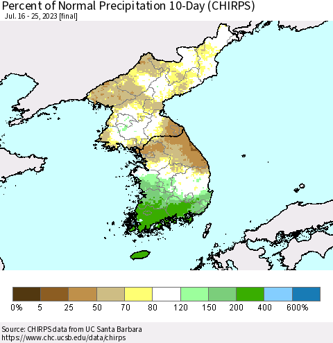 Korea Percent of Normal Precipitation 10-Day (CHIRPS) Thematic Map For 7/16/2023 - 7/25/2023
