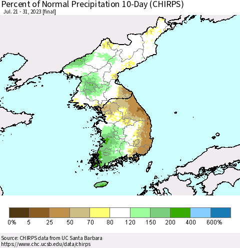 Korea Percent of Normal Precipitation 10-Day (CHIRPS) Thematic Map For 7/21/2023 - 7/31/2023