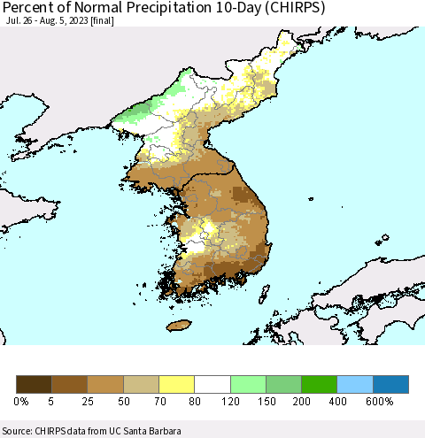 Korea Percent of Normal Precipitation 10-Day (CHIRPS) Thematic Map For 7/26/2023 - 8/5/2023