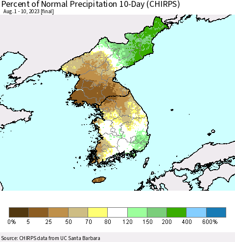 Korea Percent of Normal Precipitation 10-Day (CHIRPS) Thematic Map For 8/1/2023 - 8/10/2023
