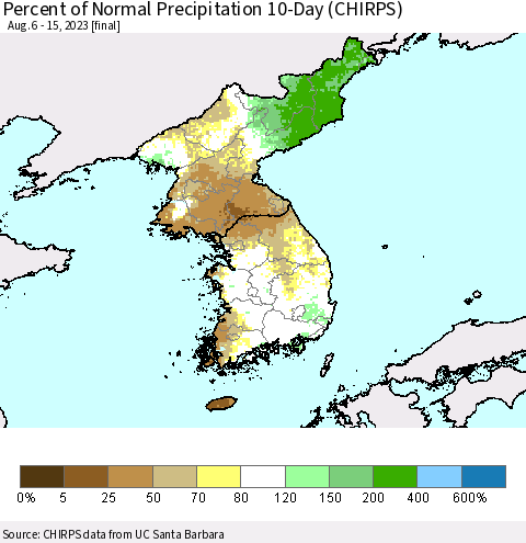 Korea Percent of Normal Precipitation 10-Day (CHIRPS) Thematic Map For 8/6/2023 - 8/15/2023
