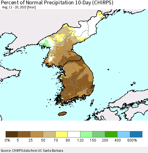 Korea Percent of Normal Precipitation 10-Day (CHIRPS) Thematic Map For 8/11/2023 - 8/20/2023