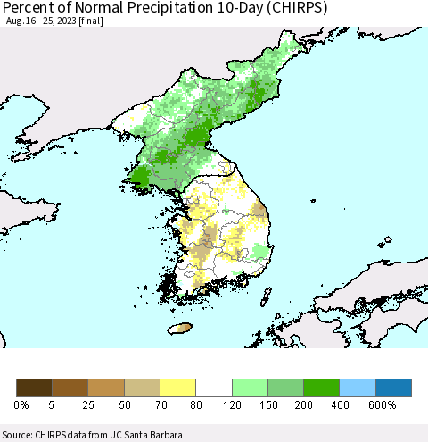 Korea Percent of Normal Precipitation 10-Day (CHIRPS) Thematic Map For 8/16/2023 - 8/25/2023