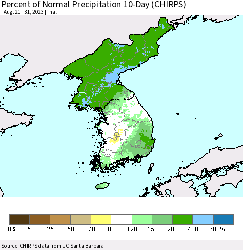 Korea Percent of Normal Precipitation 10-Day (CHIRPS) Thematic Map For 8/21/2023 - 8/31/2023