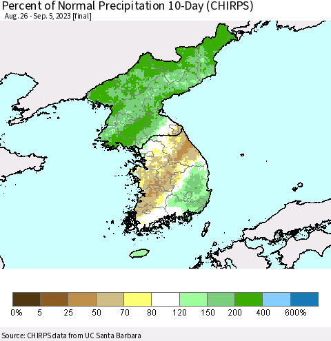 Korea Percent of Normal Precipitation 10-Day (CHIRPS) Thematic Map For 8/26/2023 - 9/5/2023