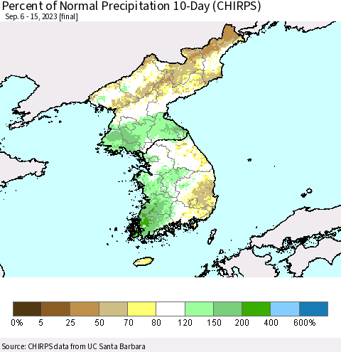 Korea Percent of Normal Precipitation 10-Day (CHIRPS) Thematic Map For 9/6/2023 - 9/15/2023