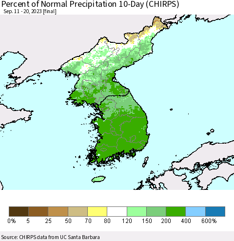 Korea Percent of Normal Precipitation 10-Day (CHIRPS) Thematic Map For 9/11/2023 - 9/20/2023
