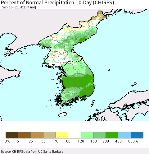 Korea Percent of Normal Precipitation 10-Day (CHIRPS) Thematic Map For 9/16/2023 - 9/25/2023