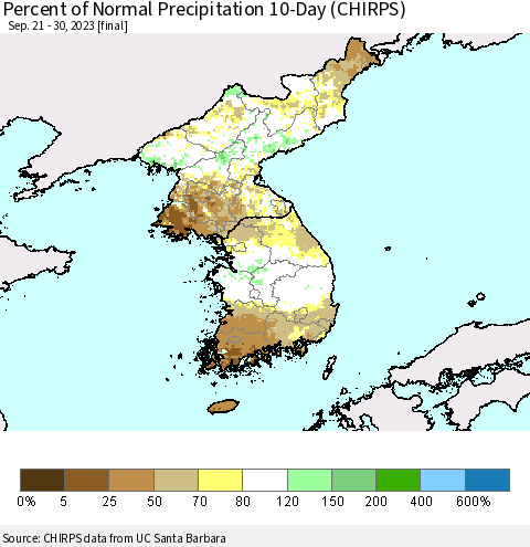 Korea Percent of Normal Precipitation 10-Day (CHIRPS) Thematic Map For 9/21/2023 - 9/30/2023