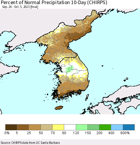 Korea Percent of Normal Precipitation 10-Day (CHIRPS) Thematic Map For 9/26/2023 - 10/5/2023