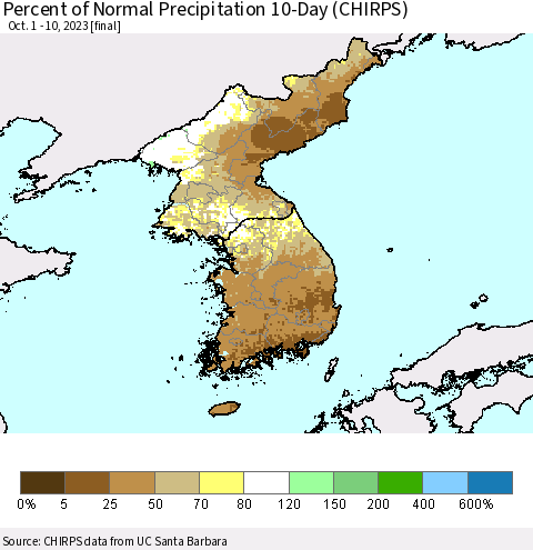 Korea Percent of Normal Precipitation 10-Day (CHIRPS) Thematic Map For 10/1/2023 - 10/10/2023
