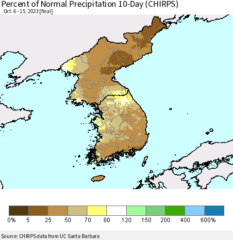 Korea Percent of Normal Precipitation 10-Day (CHIRPS) Thematic Map For 10/6/2023 - 10/15/2023