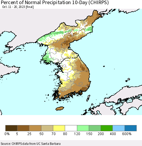 Korea Percent of Normal Precipitation 10-Day (CHIRPS) Thematic Map For 10/11/2023 - 10/20/2023