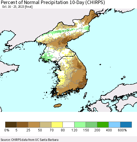 Korea Percent of Normal Precipitation 10-Day (CHIRPS) Thematic Map For 10/16/2023 - 10/25/2023