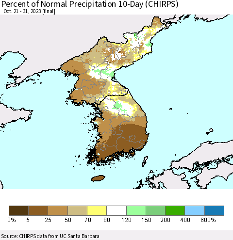 Korea Percent of Normal Precipitation 10-Day (CHIRPS) Thematic Map For 10/21/2023 - 10/31/2023