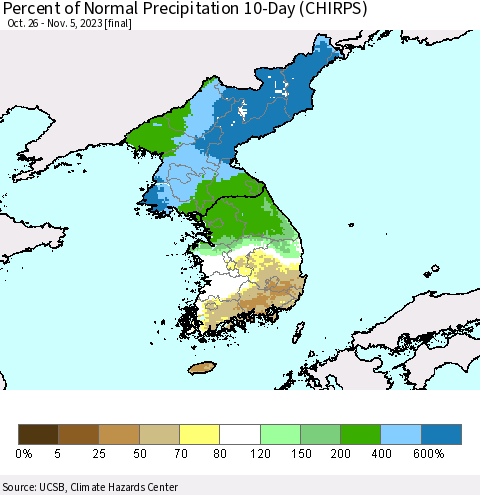 Korea Percent of Normal Precipitation 10-Day (CHIRPS) Thematic Map For 10/26/2023 - 11/5/2023